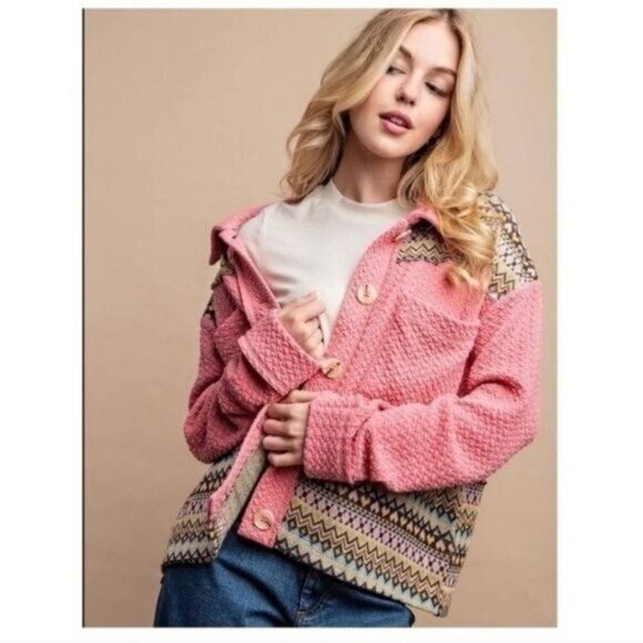 Textured Knit and Yarn Dye Pattern Mixed Jacket-NEW-SIZE: MEDIUM - Picture 6 of 7